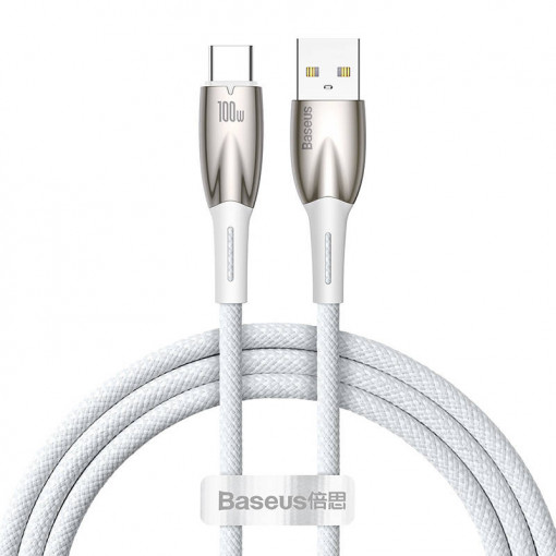 Cablu de date rapid USB la USB-C Baseus Glimmer Series, 100W, 1m (Alb) CADH000402