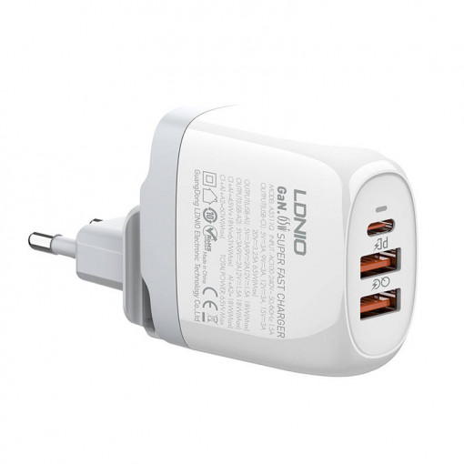 Incarcator de perete GaN LDNIO A3511Q, 2xUSB + USB-C, 65W (alb)