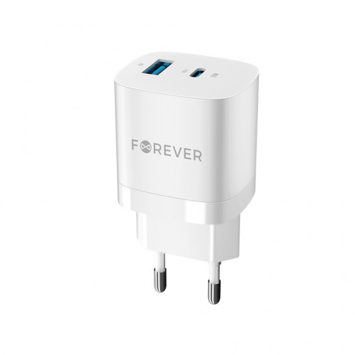 Incarcator rapid de perete Forever TC-05 GaN PD QC 1x USB-C 1x USB 33W alb
