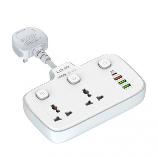 Prelungitor multiplu cu 2 prize AC, 3x USB, 1x USB-C LDNIO SC2413 EU/US, 2500W (alb)