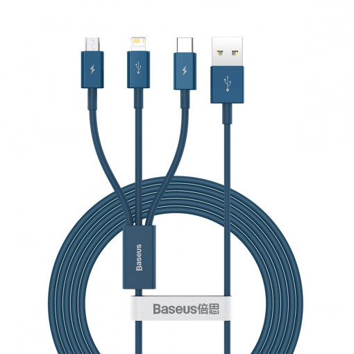 Cablu de date USB 3in1 Baseus Superior Series, USB la micro USB / USB-C / Lightning, 3.5 A, 1.2 m (albastru) CAMLTYS-03