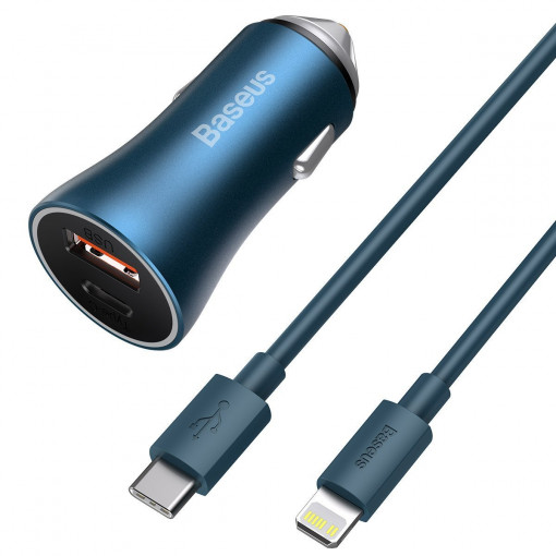 Incarcator auto Baseus Golden Contactor Pro, USB + USB-C, QC4.0+, PD, SCP, 40W (albastru) + USB-C - Cablu Lightning 1m (albastru) TZCCJD-03