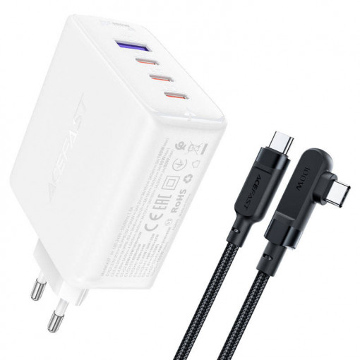Incarcator rapid de perete Acefast GaN 3xUSB-C/1xUSB-A 100W alb + cablu inclinat USB-C - USB-C 100W 2m (alb)
