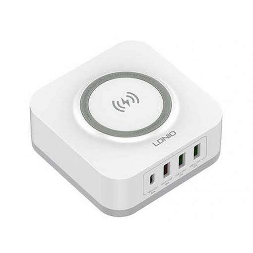 Incarcator wireless cu inductie LDNIO AW004, 3x USB + USB-C, 32W (alb)