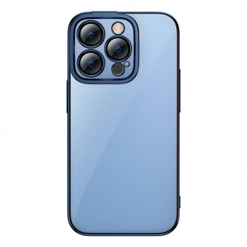 Set husa transparenta si sticla securizata Baseus Glitter pentru iPhone 14 Pro (albastru) ARMC021303