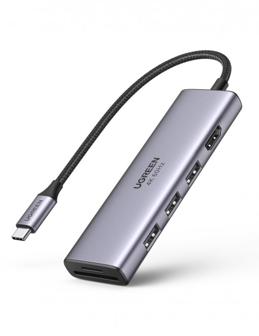 Adaptor hub 5-in-1 UGREEN CM511 USB-C la 3x USB3.0 + HDMI + TF / SD (gri) 60383