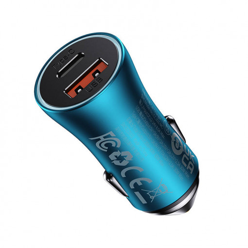 Incarcator auto Baseus Golden Contactor Max, USB + USB-C, 60W (albastru) CGJM000103