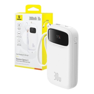 Baterie Externa Powerbank Mini Baseus QPow 2, 20000mAh 30W, 2 x Cablu USB-C (Alb)