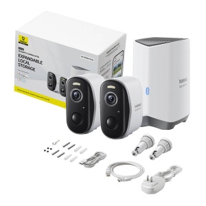 Camera Supraveghere Exterior Wireless Baseus N1 2K, Memorie 16GB + Extindere 16TB, Wide 145°, Set 2 Bucati (Alb)