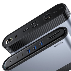Hub Multifunctional Baseus 3x USB 3.2 Gen 1 / 2x USB 2.0 / 2x USB-C / Cititor Carduri SD si Micro SD / AUX / 3x HDMI / RJ45 1Gbps PD 100W (Fise EU / CN / UK) Gri (CAHUB-DG0G)