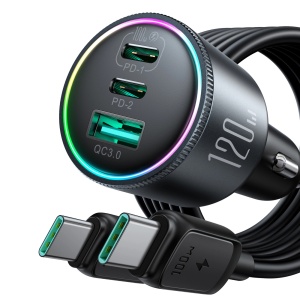 Incarcator Auto Rapid Joyroom JR-CCN07 1x USB + 2x USB-C 120W + Cablu USB-C 100W (Gri Inchis)