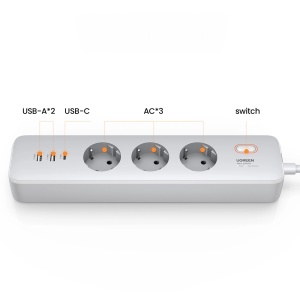 Prelungitor Electric Multiplu cu Comutator 3680W Ugreen CD286 3x AC 2x USB-A 1x USB-C 30W (Alb)