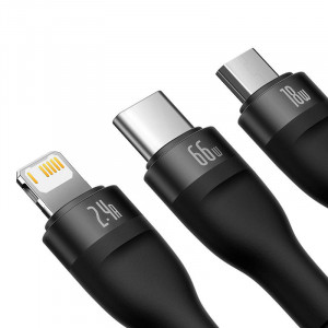 Cablu Incarcare Rapid USB 3in1 Baseus Flash II, USB-C + Micro USB + Lightning, 66W, 1.2m (Negru) CASS040001