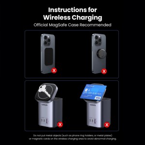 Incarcator Rapid Statie Ugreen CD342 100W GaN 2x USB-C 1x USB-A, Incarcare Inductiva Qi MagSafe - gri
