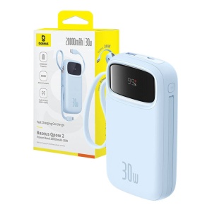 Baterie Externa Powerbank Mini Baseus QPow 2, 20000mAh 30W, 2 x Cablu USB-C (Albastru)