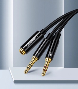 Cablu Audio AUX Splitter Casti + Microfon la Cablu Mini Jack 3.5 mm UGREEN 28 cm, Aluminiu (Negru)