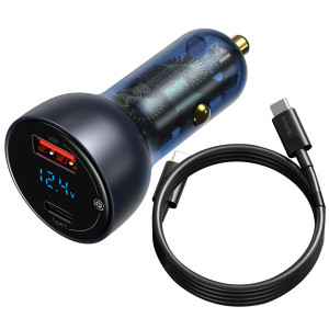 Incarcator auto rapid 65W + mini cablu USB-C cu cip E-mark 1m 100W afisaj digital particular Baseus QC+PPS (negru) TZCCKX-0G - Img 1