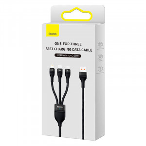 Cablu Incarcare Rapid USB 3in1 Baseus Flash II, USB-C + Micro USB + Lightning, 66W, 1.2m (Negru) CASS040001