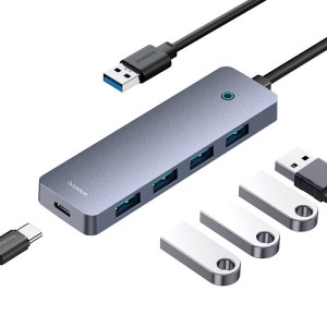 Hub 4 in 1 Baseus UltraJoy Lite 15 cm USB-A la 4x USB 3.0 + USB-C 5V (gri) 