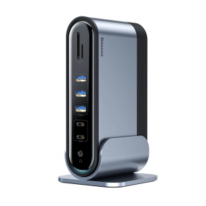Hub Multifunctional Baseus 3x USB 3.2 Gen 1 / 2x USB 2.0 / 2x USB-C / Cititor Carduri SD si Micro SD / AUX / 3x HDMI / RJ45 1Gbps pD 100W (Fise EU / CN / UK) Gri (CAHUB-DG0G)
