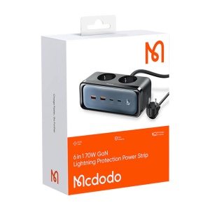 Prelungitor Electric Multiplu 6in1 GAN Mcdodo CH-4610 2x AC 2x USB-C 2x USB-A 70W, Cablu 2m (Negru)