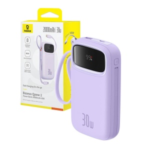 Baterie Externa Powerbank Mini Baseus QPow 2, 20000mAh 30W, 2 x Cablu USB-C (Violet)