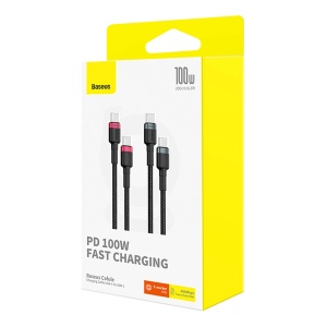 Cablu Incarcare Rapida USB-C la USB-C Baseus Cafule 100W 2buc (Rosu/Negru + Negru/Gri) 2buc