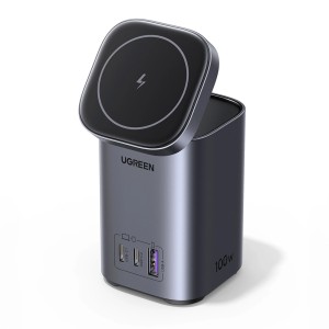 Incarcator Rapid Statie Ugreen CD342 100W GaN 2x USB-C 1x USB-A, Incarcare Inductiva Qi MagSafe - gri