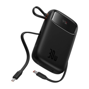 Baterie Externa Powerbank Mini Baseus QPow 2, 20000mAh 30W, 2 x Cablu USB-C (Negru)