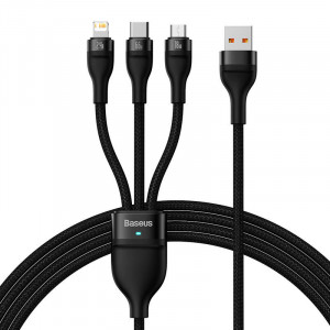 Cablu Incarcare Rapid USB 3in1 Baseus Flash II, USB-C + Micro USB + Lightning, 66W, 1.2m (Negru) CASS040001