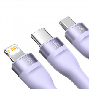 Cablu de date USB 3in1 Baseus Flash II, USB-C + micro USB + Lightning, 66W, 1.2 m (Violet) CASS040005 - Img 2
