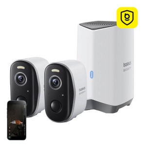 Camera Supraveghere Exterior Wireless Baseus N1 2K, Memorie 16GB + Extindere 16TB, Wide 145°, Set 2 Bucati (Alb)