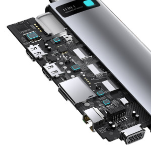 Hub 11 in 1 Baseus Metal Gleam Series, USB-C la 3x USB 3.0 + 2x HDMI + USB-C PD + Ethernet RJ45 + microSD/SD + VGA + AUX CAHUB-CT0G - Img 6