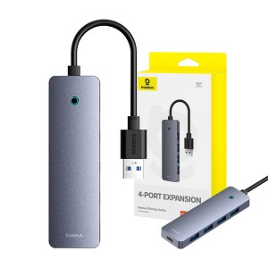 Hub 4 in 1 Baseus UltraJoy Lite 15 cm USB-A la 4x USB 3.0 + USB-C 5V (gri) 