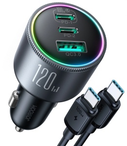 Incarcator Auto Rapid Joyroom JR-CCN07 1x USB + 2x USB-C 120W + Cablu USB-C 100W (Gri Inchis)