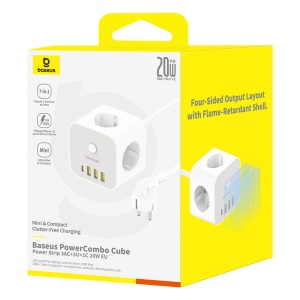 Incarcator Telefon Rapid Prelungitor Electric Baseus PowerCombo 7in1 Cube 3AC+3U+1C 20W, 1.5 m (Alb)