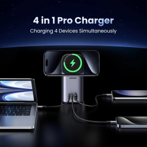Incarcator Rapid Statie Ugreen CD342 100W GaN 2x USB-C 1x USB-A, Incarcare Inductiva Qi MagSafe - gri