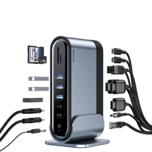 Hub Multifunctional Baseus 3x USB 3.2 Gen 1 / 2x USB 2.0 / 2x USB-C / Cititor Carduri SD si Micro SD / AUX / 3x HDMI / RJ45 1Gbps pD 100W (Fise EU / CN / UK) Gri (CAHUB-DG0G)