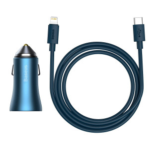 Incarcator auto Baseus Golden Contactor Pro, USB + USB-C, QC4.0+, PD, SCP, 40W (albastru) + USB-C - Cablu Lightning 1m (albastru) TZCCJD-03 - Img 2