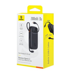 Baterie Externa Powerbank Mini Baseus QPow 2, 20000mAh 30W, 2 x Cablu USB-C (Negru)