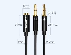 Cablu Audio AUX Splitter Casti + Microfon la Cablu Mini Jack 3.5 mm UGREEN 28 cm, Aluminiu (Negru)