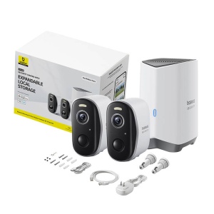 Camera Supraveghere Exterior Wireless Baseus N1 Plus 2K, Memorie 16GB + Extindere 16TB, Wide 145°, Set 2 Bucati (Alb)