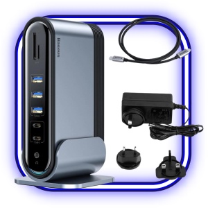 Hub Multifunctional Baseus 3x USB 3.2 Gen 1 / 2x USB 2.0 / 2x USB-C / Cititor Carduri SD si Micro SD / AUX / 3x HDMI / RJ45 1Gbps pD 100W (Fise EU / CN / UK) Gri (CAHUB-DG0G)