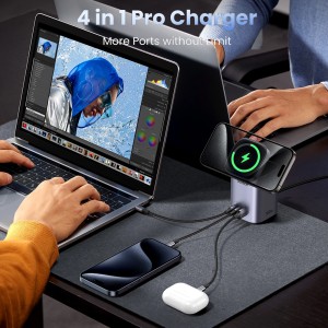 Incarcator Rapid Statie Ugreen CD342 100W GaN 2x USB-C 1x USB-A, Incarcare Inductiva Qi MagSafe - gri