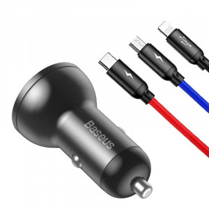 Incarcator Auto Rapid BASEUS Display Digital 2x USB 4.8A 24W + Cablu de Date USB 3in1 (Gri) TZCCBX-0G