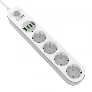 Prelungitor Electric Multiplu 4 prize AC, 4x USB, LDNIO SE4432 2500W 10A, 2m (Alb)