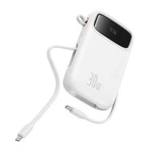 Baterie Externa Powerbank Mini Baseus QPow 2, 20000mAh 30W, 2 x Cablu USB-C (Alb)