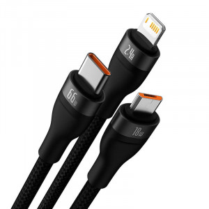 Cablu Incarcare Rapid USB 3in1 Baseus Flash II, USB-C + Micro USB + Lightning, 66W, 1.2m (Negru) CASS040001