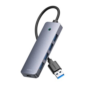 Hub 4 in 1 Baseus UltraJoy Lite 15 cm USB-A la 4x USB 3.0 + USB-C 5V (gri) 