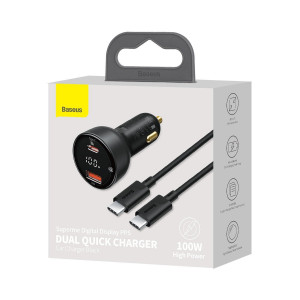 Incarcator Auto Rapid Baseus Superme, USB, USB-C, 100W + Cablu USB-C (Negru) TZCCZX-01